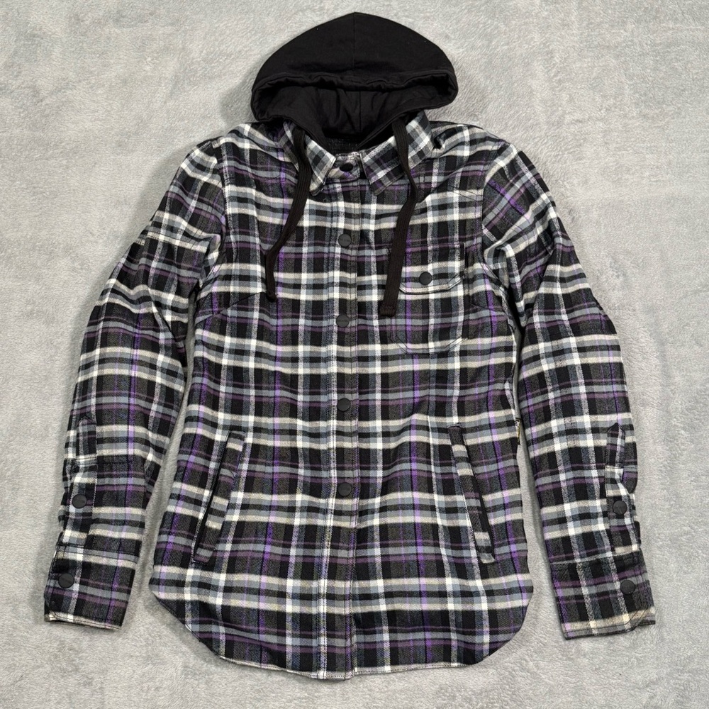 Plaid Hooded Button-Up Shirt - Black, White & Purple